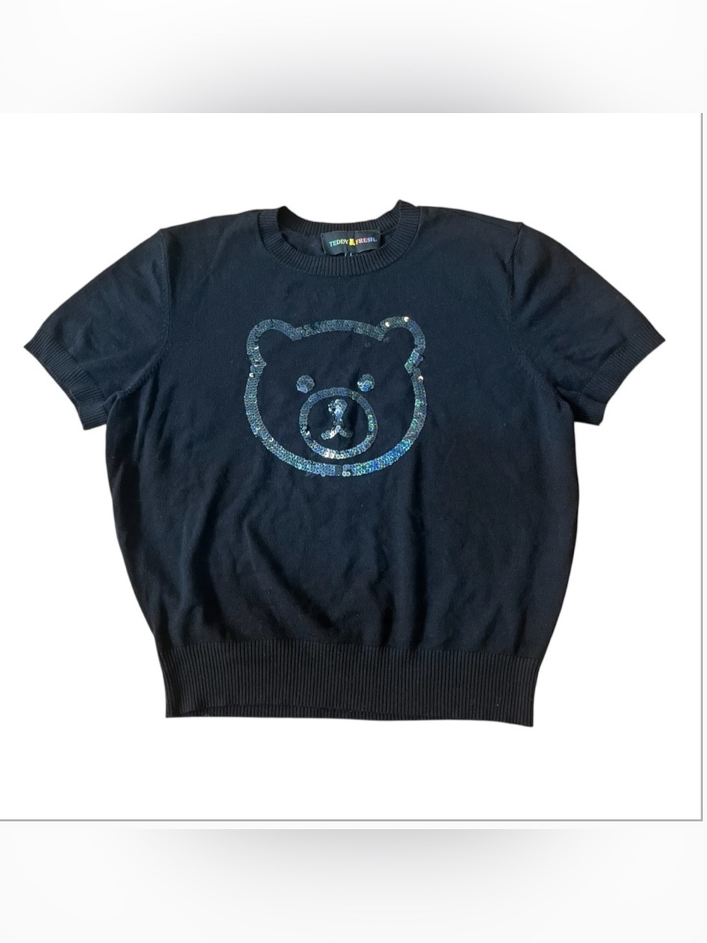 Teddy Fresh Black Sequin Bear Knit Short Sleeve Sweater size L